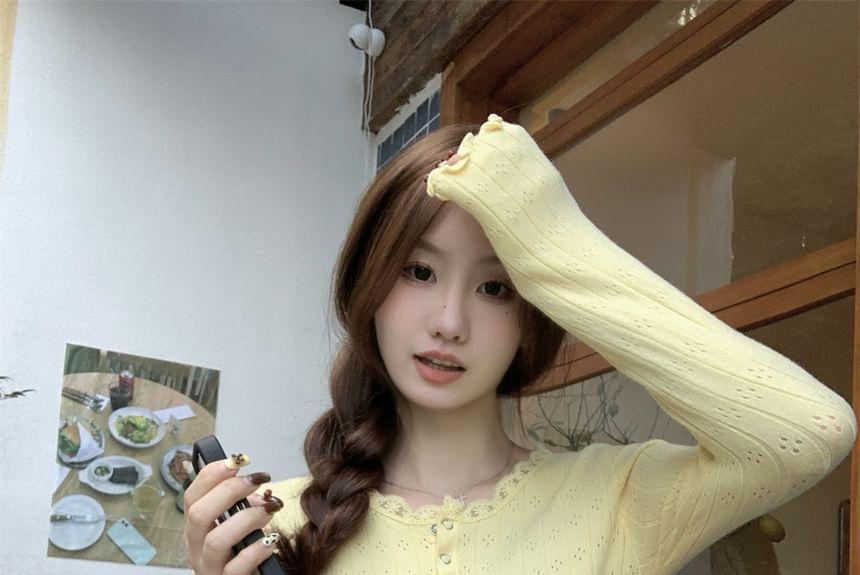 Long Sleeve Round Neck Plain Ruffle Trim Henley  Tee Product Image