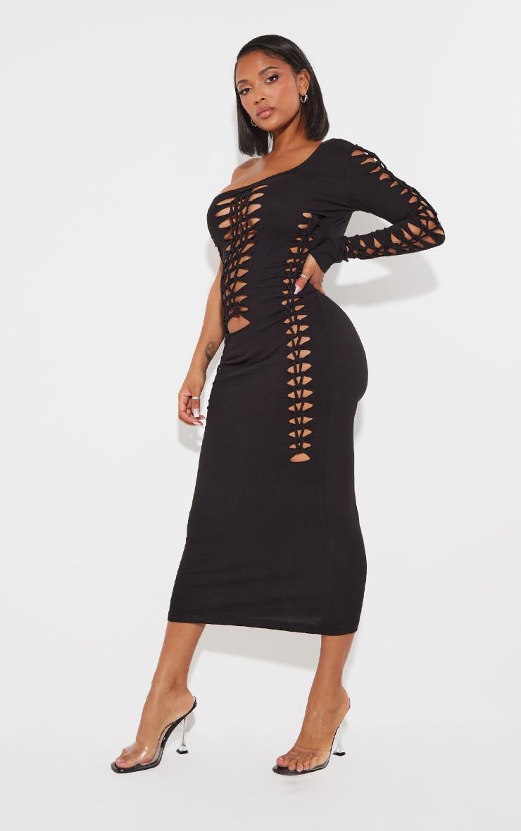 Shape Black Cotton Cut Out Long Sleeve Midaxi Dress Product Image