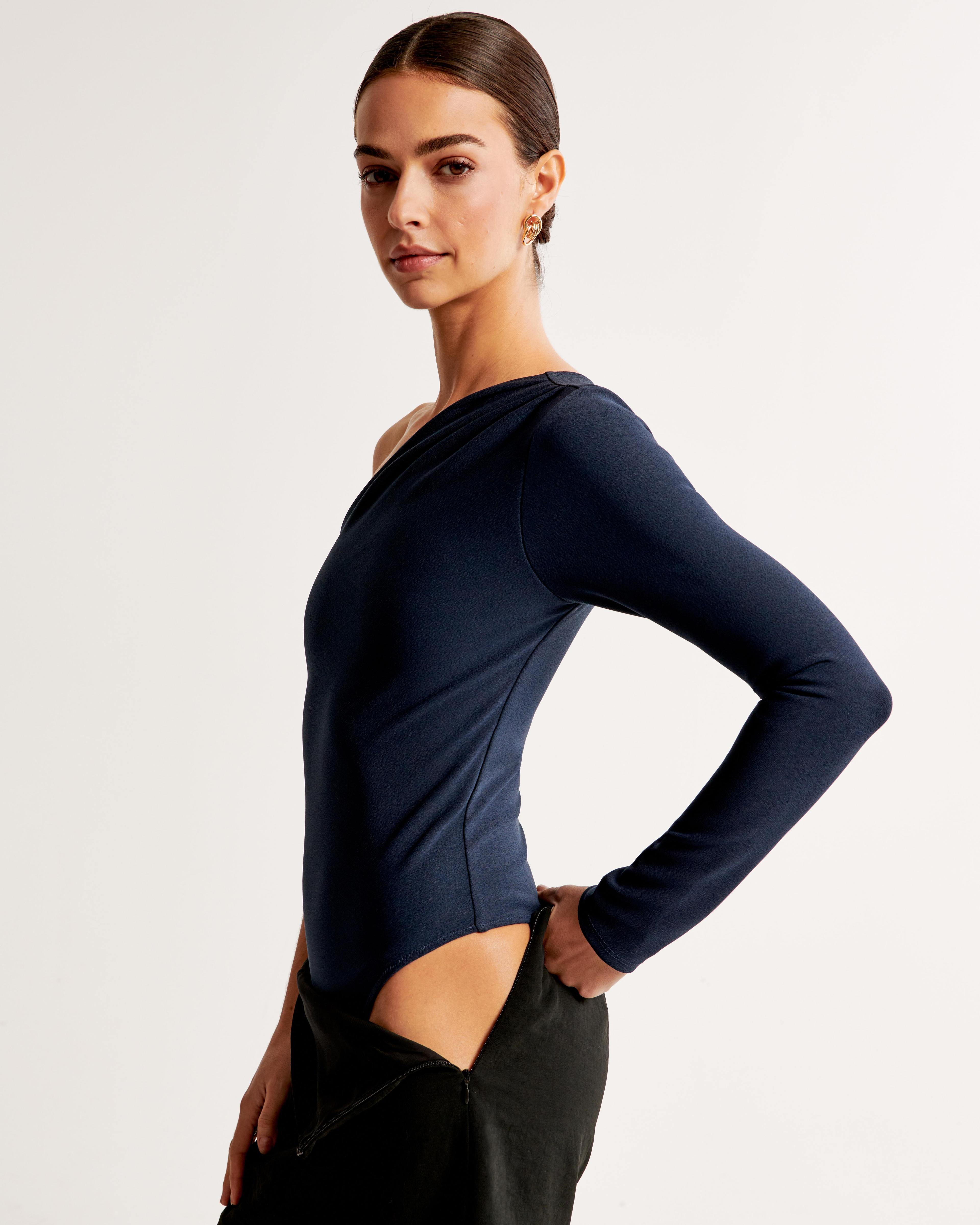 Long-Sleeve Crepe Asymmetrical One-Shoulder Bodysuit Product Image