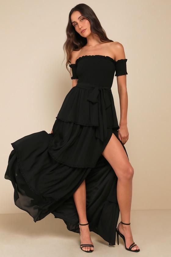 Stunning Poise Black Off-the-Shoulder Smocked Tiered Maxi Dress Product Image