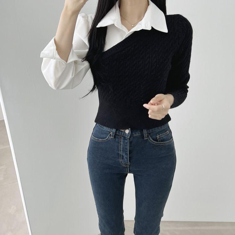 Long-Sleeve Collared Mock Two-Piece Cable Knit Panel Crop Blouse Product Image