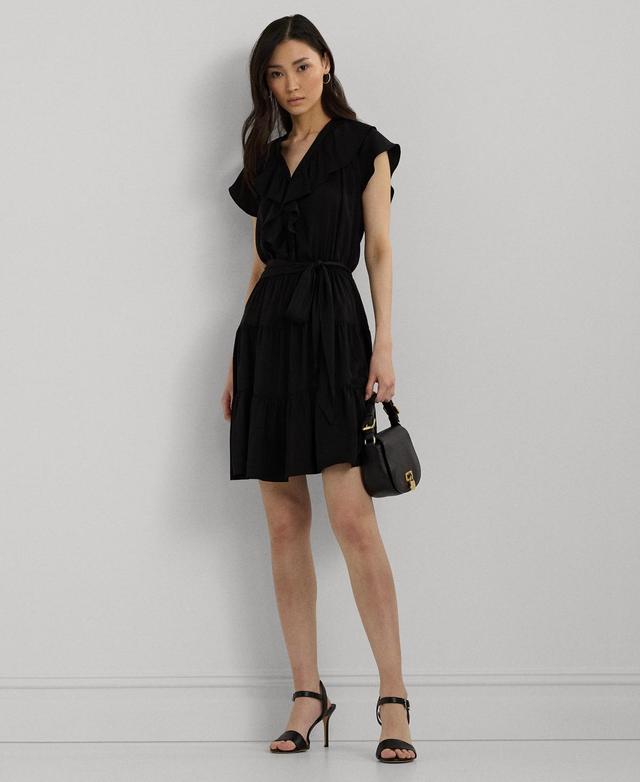 Lauren Ralph Lauren Womens Belted Ruffle-Trim Satin Tiered Dress Product Image