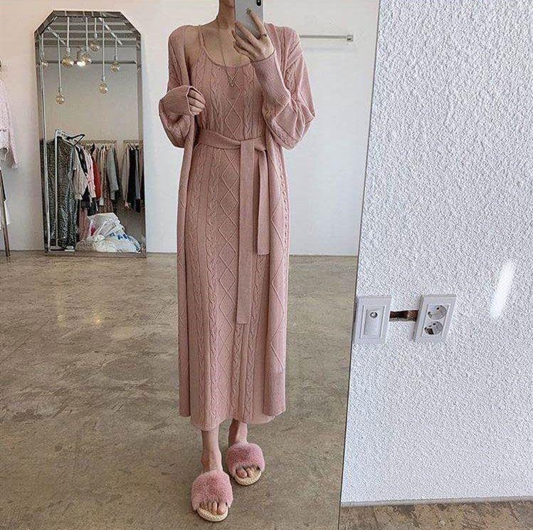 Spaghetti Strap Scoop Neck Plain Cable Knit Slit Maxi Sheath Dress / Long Cardigan / Belt / Set Product Image