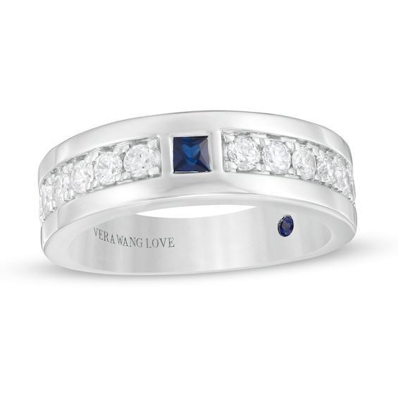 Vera Wang Love Collection Men's Square-Cut Blue Sapphire and 3/4 CT. T.w. Diamond Wedding Band in 14K White Gold Product Image