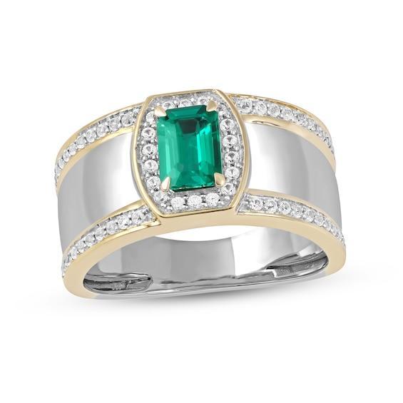 Men's Emerald-Cut Lab-Created Emerald and White Lab-Created Sapphire Triple Row Band in Sterling Silver and 10K Gold Product Image