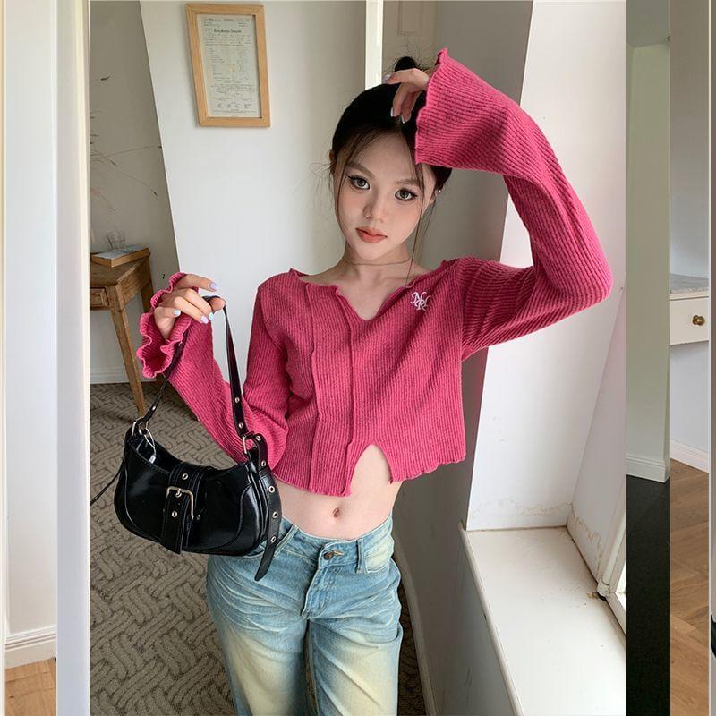 Long-Sleeve V-Neck Embroidered Crop Knit Top Product Image