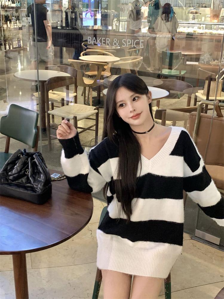 V-Neck Striped Cardigan Product Image