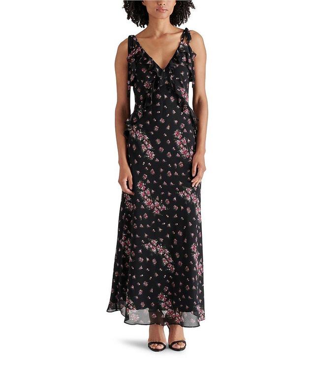 Steve Madden Adalina Floral V Neck Sleeveless Tie Strap Ruffle Maxi Dress Product Image