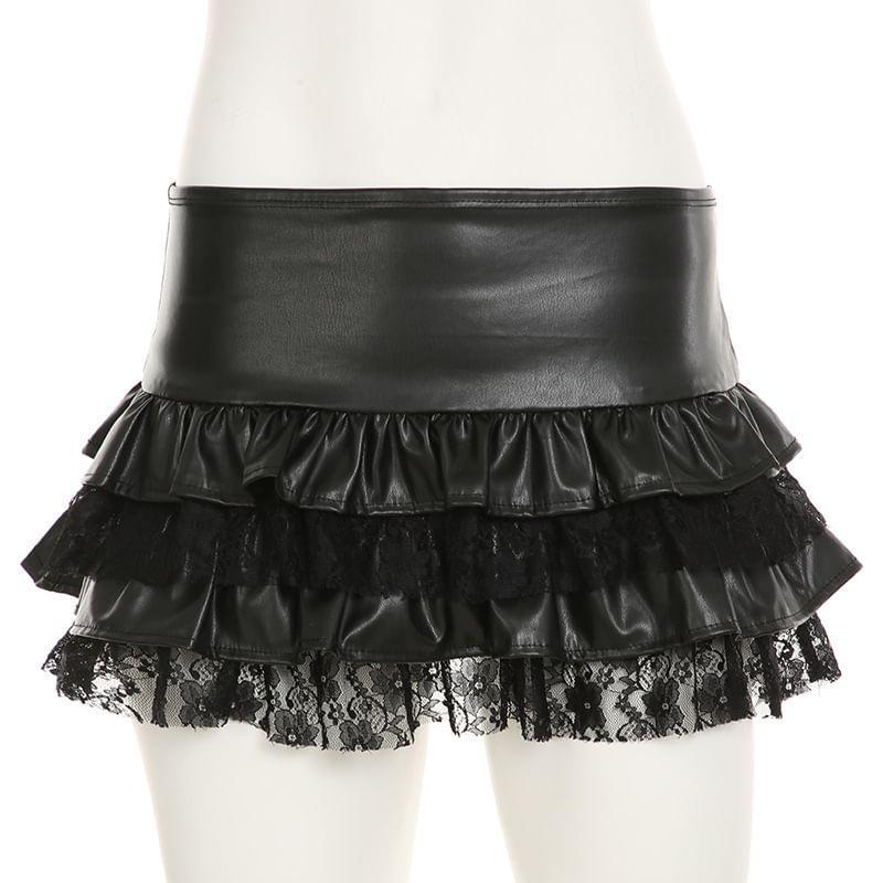 Faux Leather Low Waist Mini Tiered Skirt Product Image