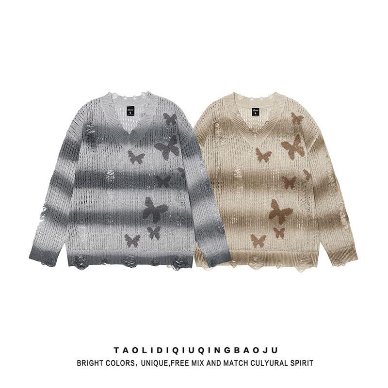 Long-Sleeve V-Neck Butterfly Print Distressed Sweater Product Image