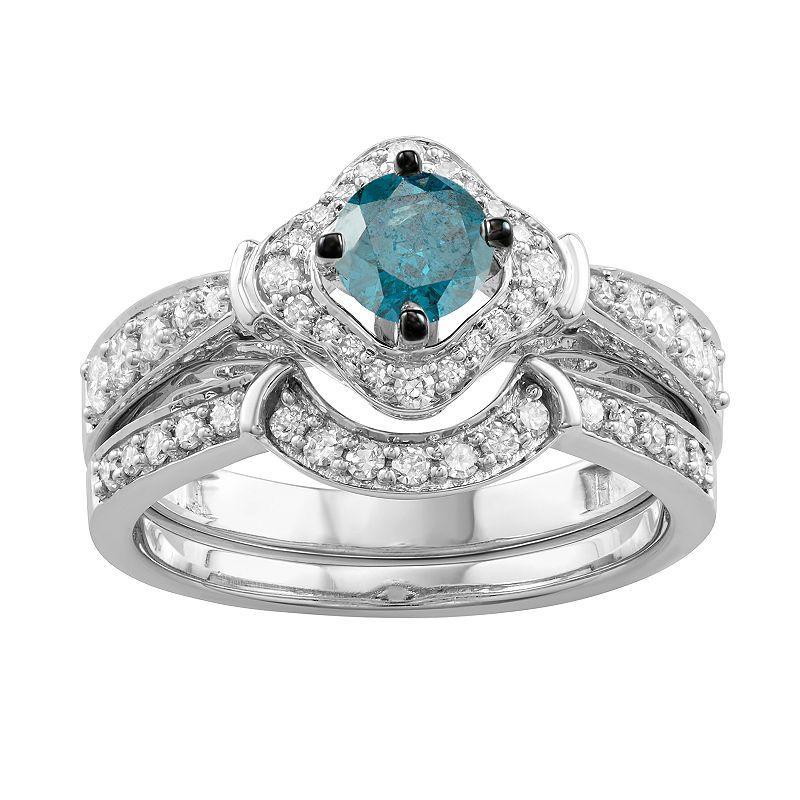 14k White Gold 1 Carat T.W. Blue & White Diamond Engagement Ring Set, Womens Multicolor Product Image