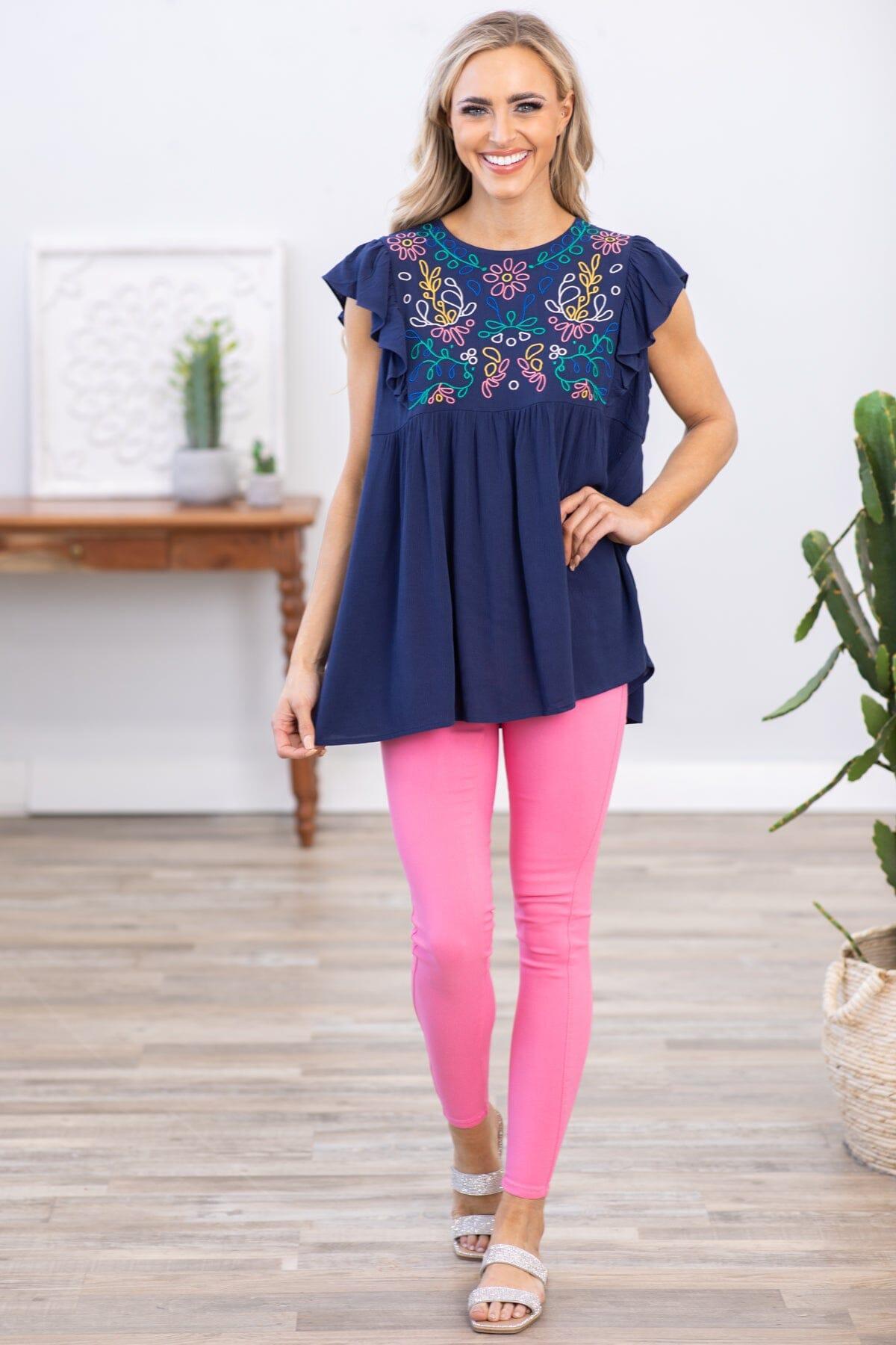 Navy Multicolor Floral Embroidered Top Product Image