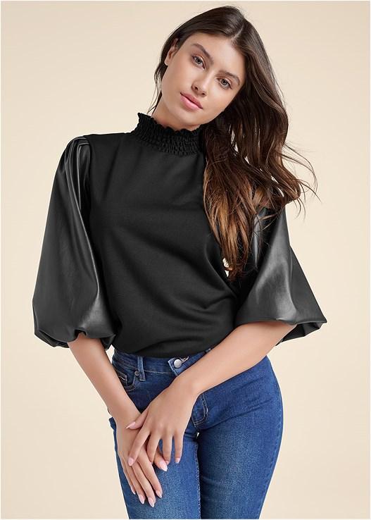 Faux Leather Mock Neck Top Product Image