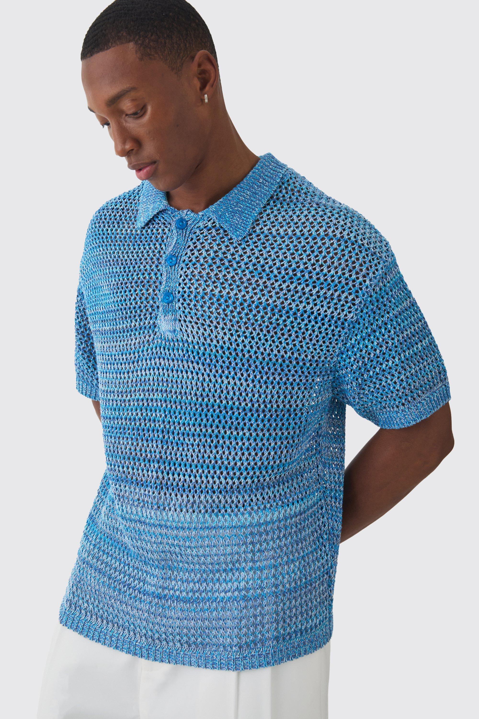 Oversized Boxy Ombre Open Stitch Polo | boohooMAN USA Product Image