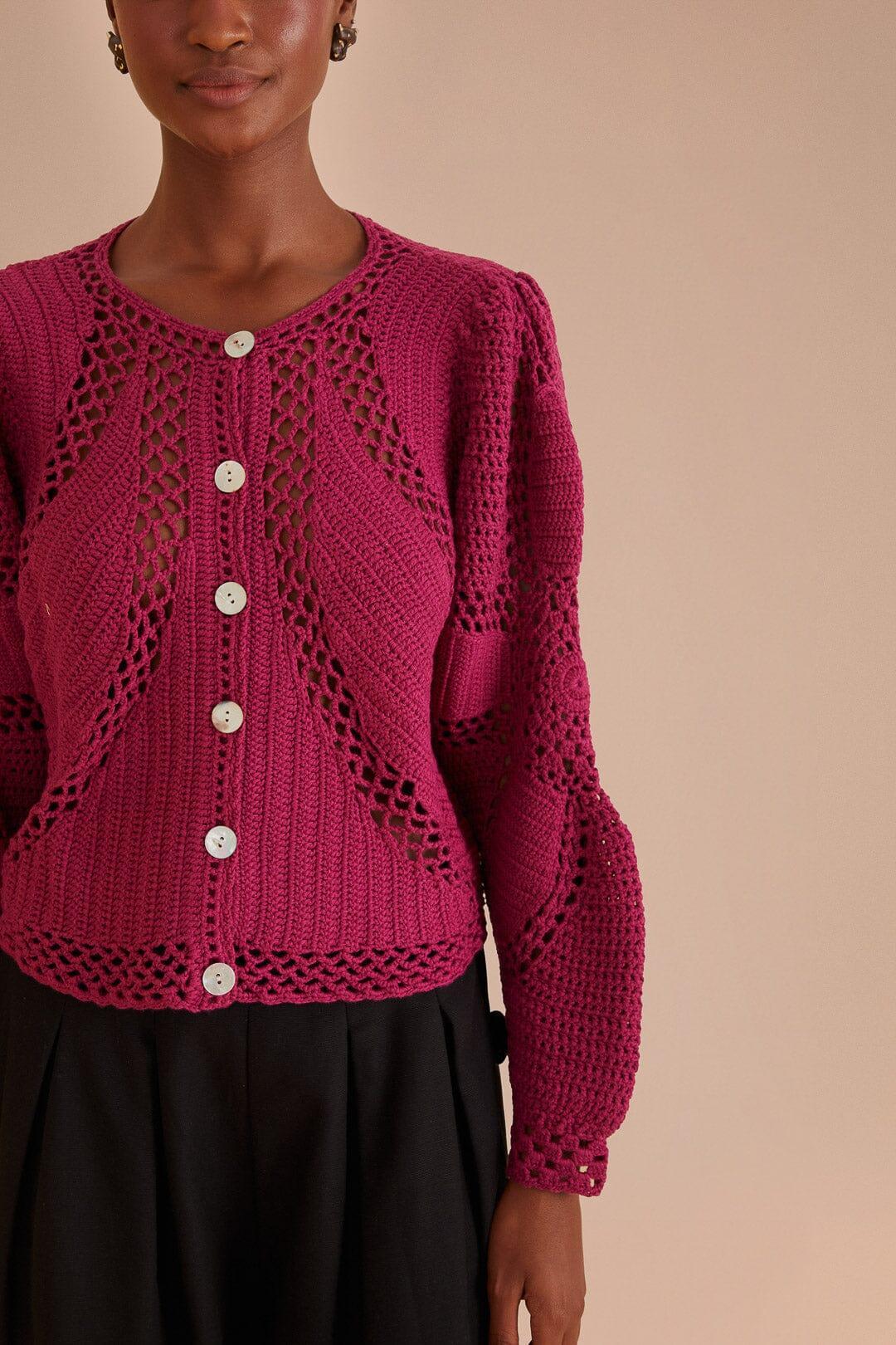 Pink Flower Draw Crochet Cardigan Product Image