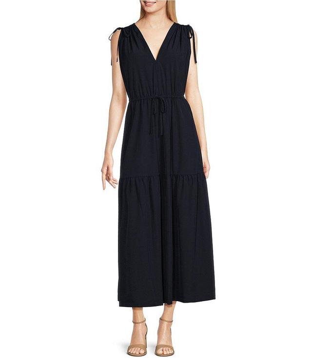 Calvin Klein Sleeveless V-Neck Tie Waist Shoulder Tie Midi Dress Product Image