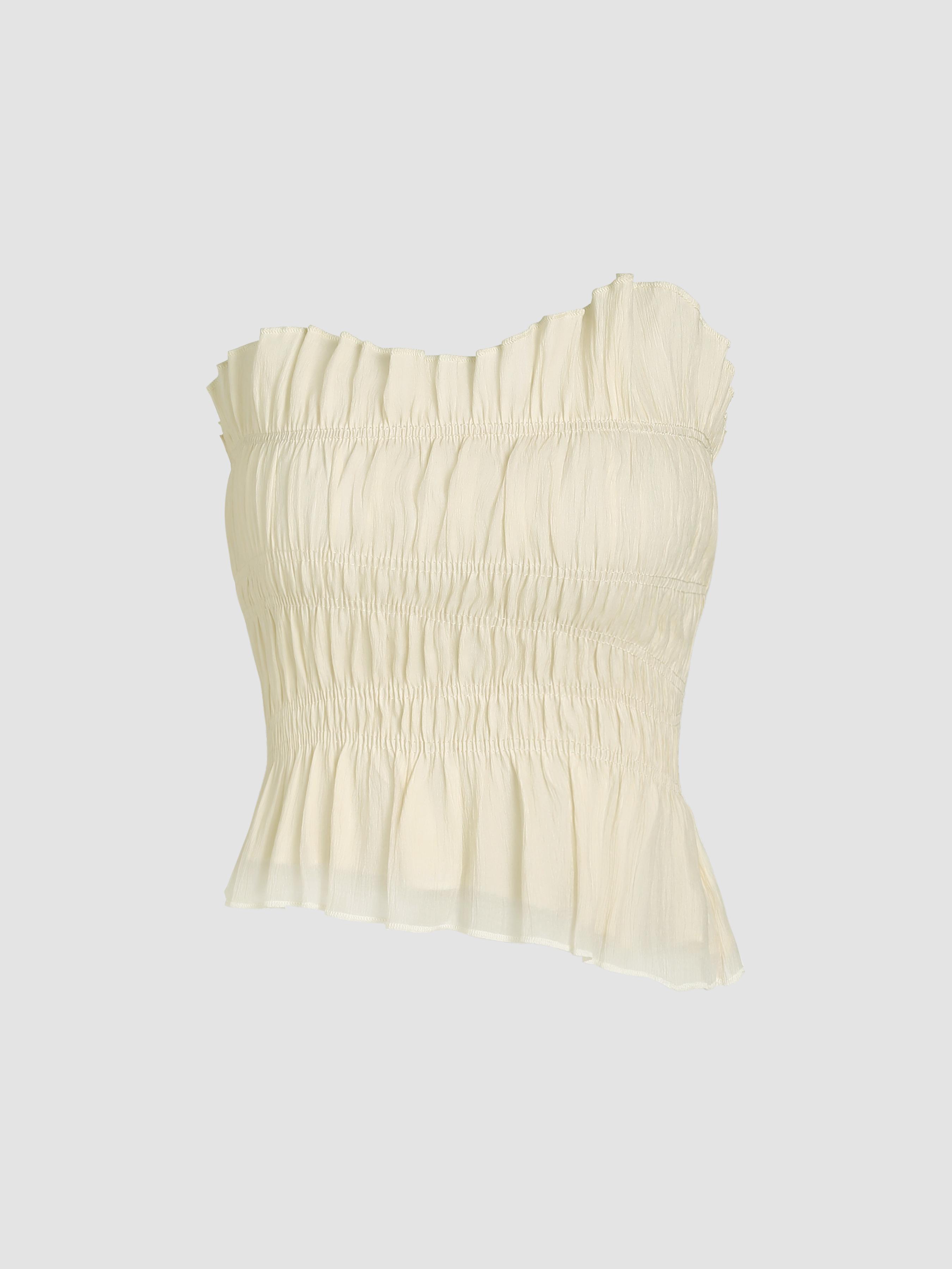 Asymmetrical Neck Shirred Tube Top Product Image