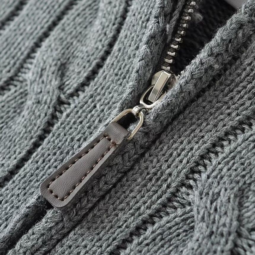 Stand Collar Half Zip Plain Cable Knit Sweater Product Image