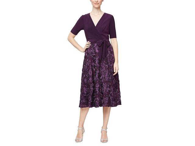 Alex Evenings Tea-Length Dress with Rosette Lace (Eggplant) Women's Dress Product Image