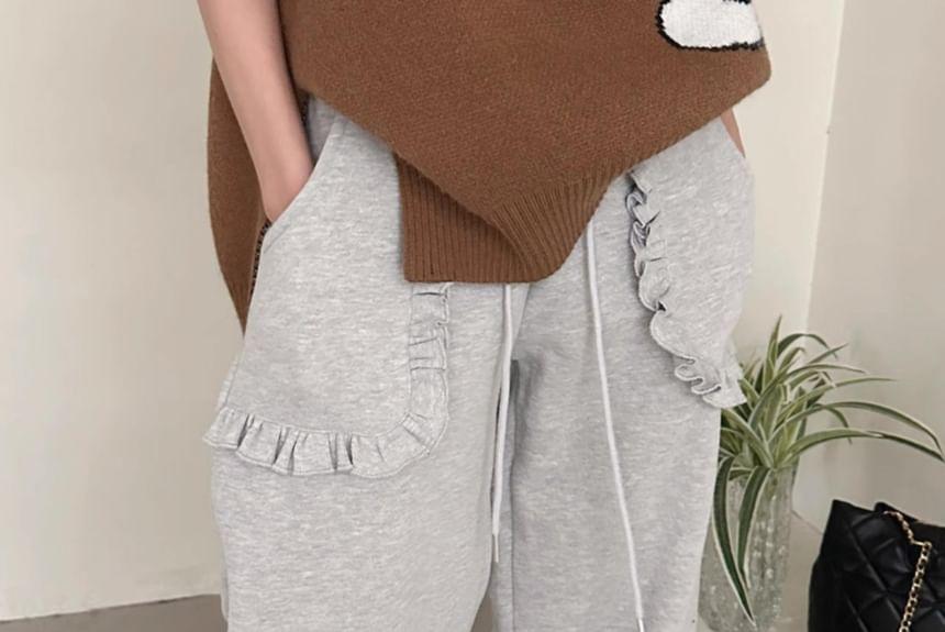 Drawstring Waist Plain Ruffle Wide Leg Sweatpants Product Image