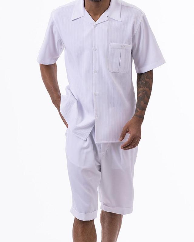 White Tone on Tone Striped Walking Suit 2 Piece Short Sleeve Set with Shorts Product Image