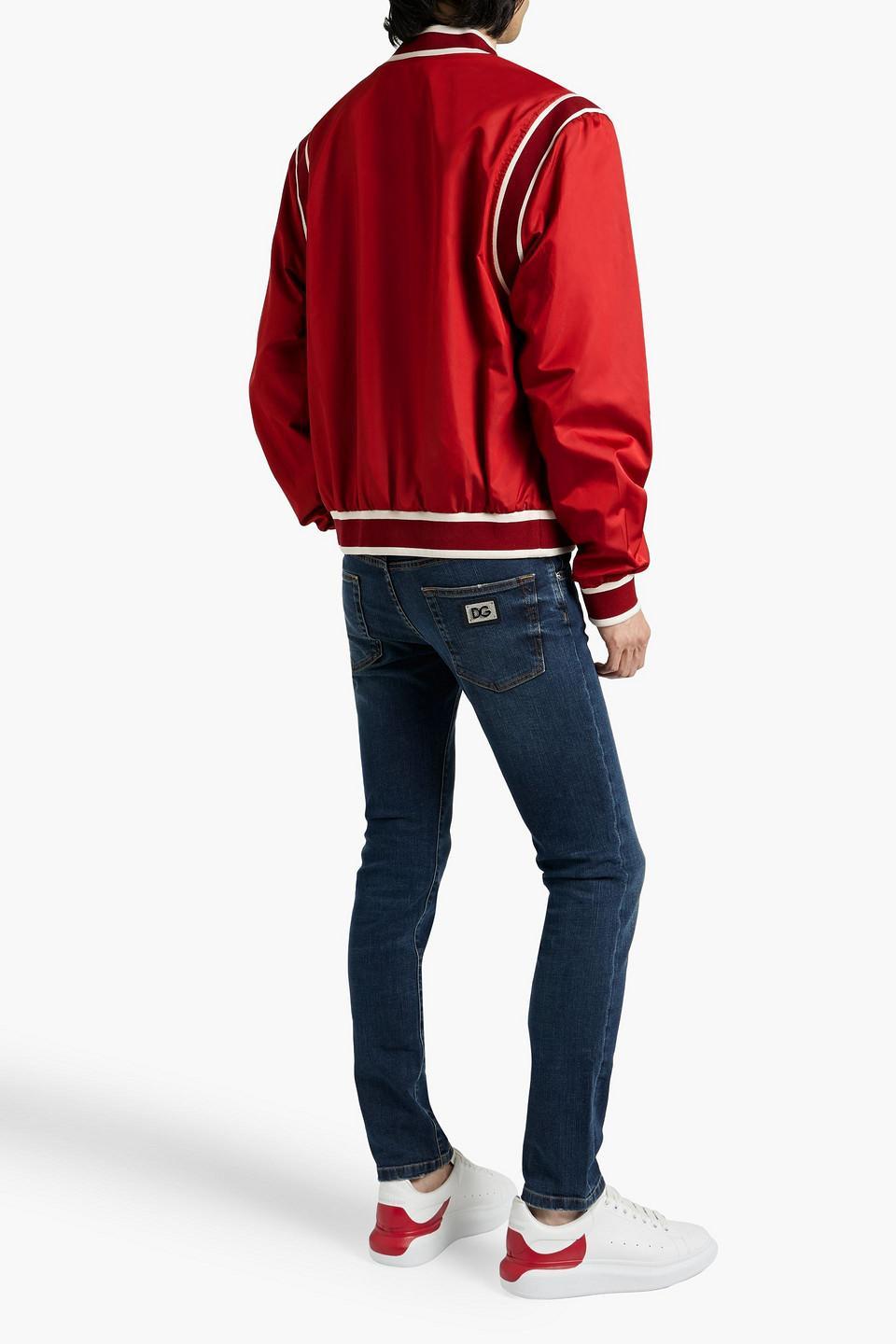 Embroidered Satin Bomber Jacket In Crimson Product Image