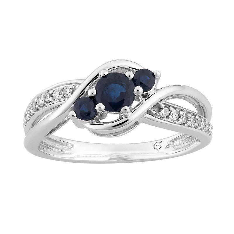 10k White Gold Sapphire & 1/10 Carat T.W. Diamond 3-Stone Ring, Womens Blue Product Image