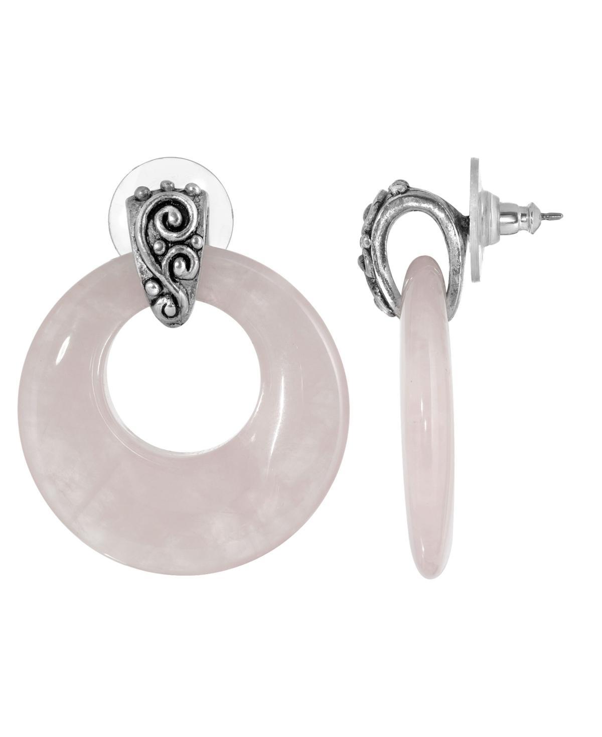 1928 Pewter Stone Round Doorknocker Drop Earrings, Womens, Pink Product Image