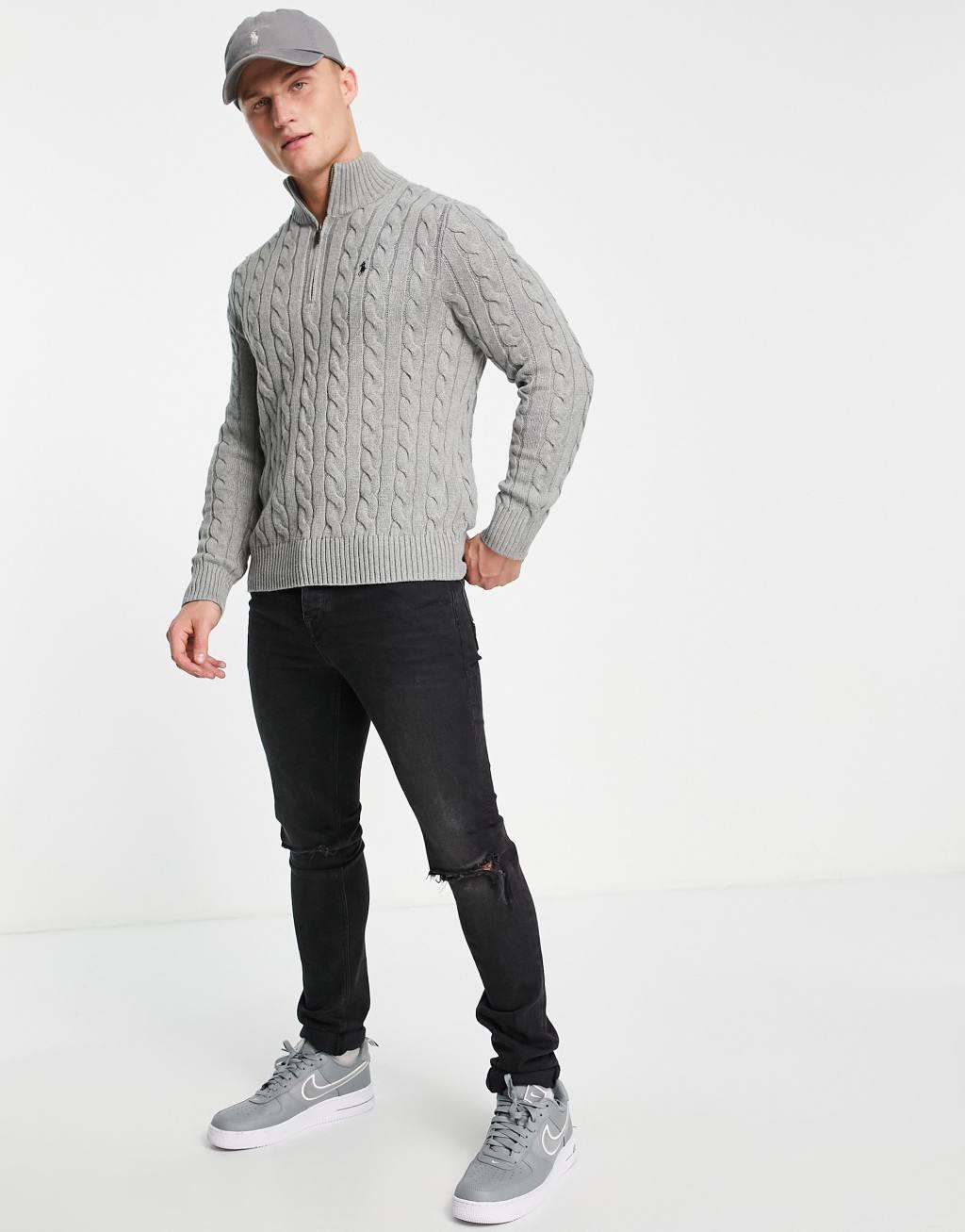 Polo Ralph Lauren icon logo half zip cotton cable knit sweater in gray heather Product Image