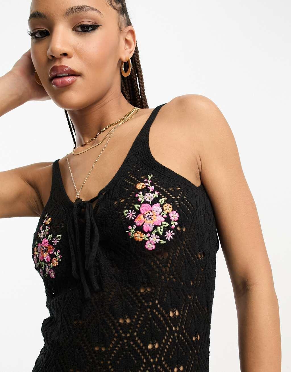 Miss Selfridge embroidered detail crochet mini dress Product Image