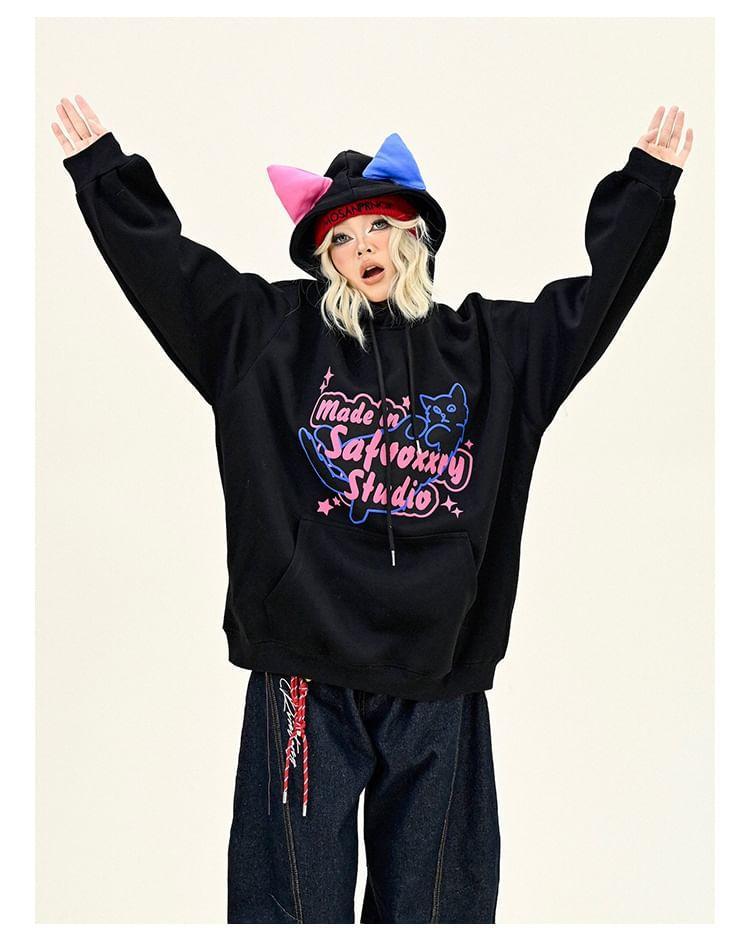 Drawstring Cat Ear Printed Oversized Hoodie Product Image