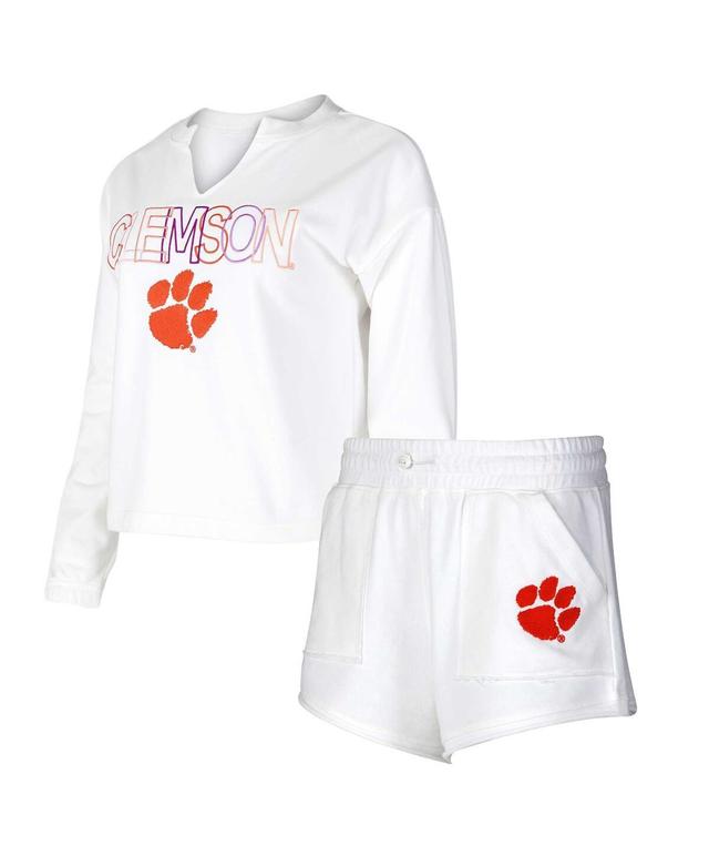 Womens Concepts Sport White Clemson Tigers Sunray Notch Neck Long Sleeve T-shirt and Shorts Set Product Image