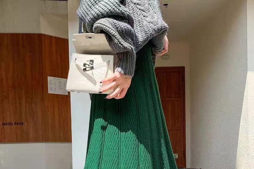 High Rise Plain Pleated Knit Midi A-Line Skirt Product Image