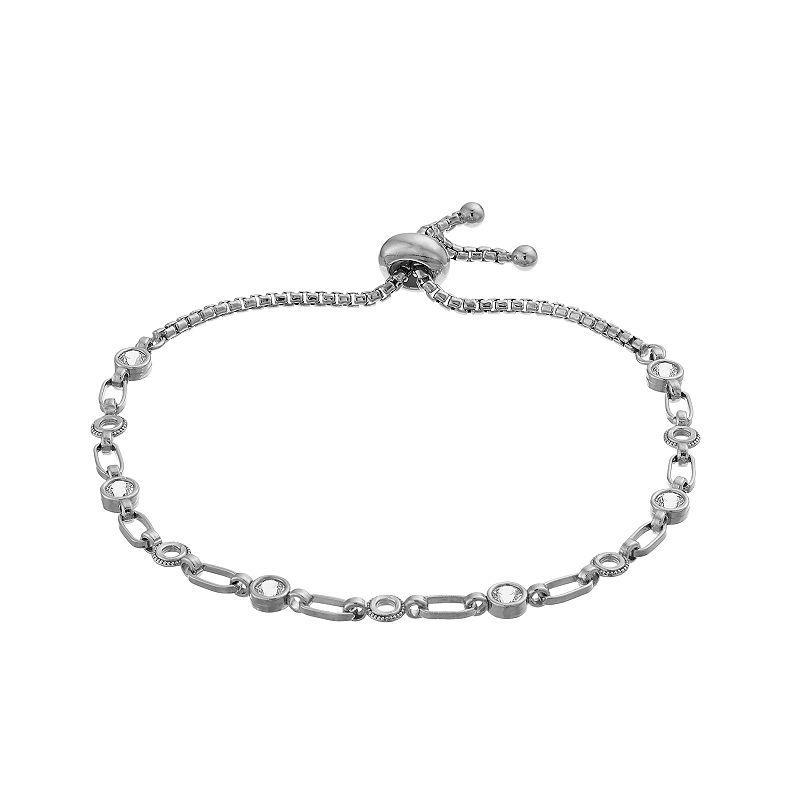 Kristen Kesho Sterling Silver Lab-Created White Sapphire & Circle Link Adjustable Bolo Bracelet, Womens Product Image