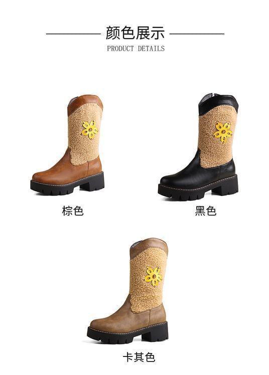 Platform Fleece Panel Floral Applique Zip-Up Faux Leather Short Boots Product Image