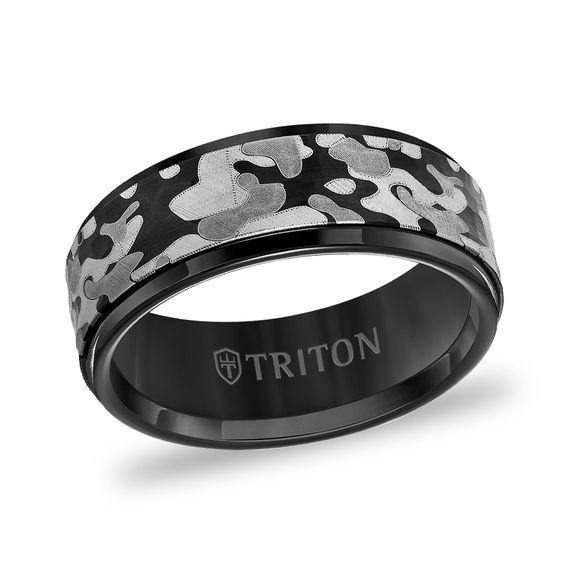 Triton Men's 8.0mm Comfort-Fit Grey Camouflage Inlay Beveled Edge Wedding Band in Black Tungsten Carbide Product Image