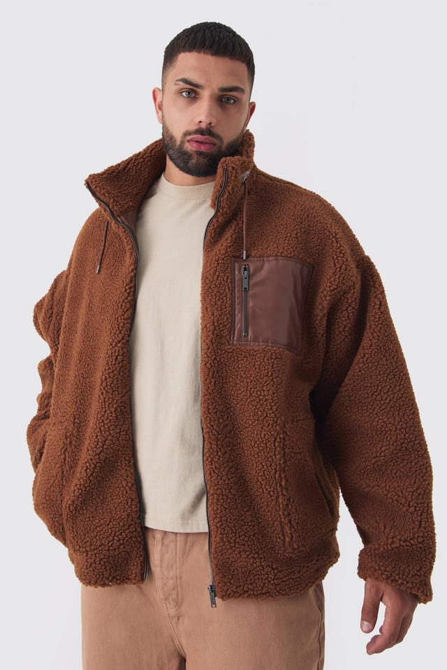 Plus Borg Funnel Neck Jacket With PU Pocket In Tan | boohooMAN USA Product Image