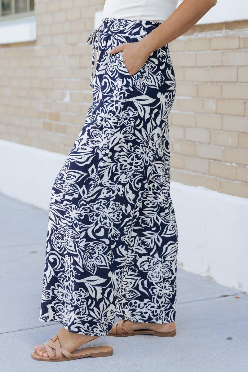 Navy Print Elastic Waist Wide Leg Pants - FINAL SALE Product Image