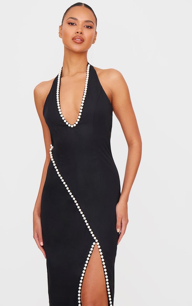 Black Pearl Detail Side Split Maxi Dress Product Image