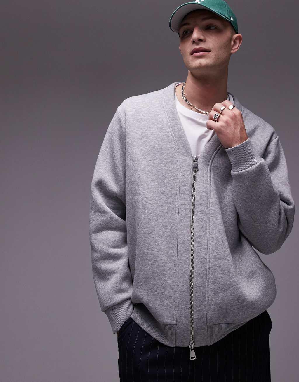 Topman oversized fit v neck zip through in gray heather Product Image