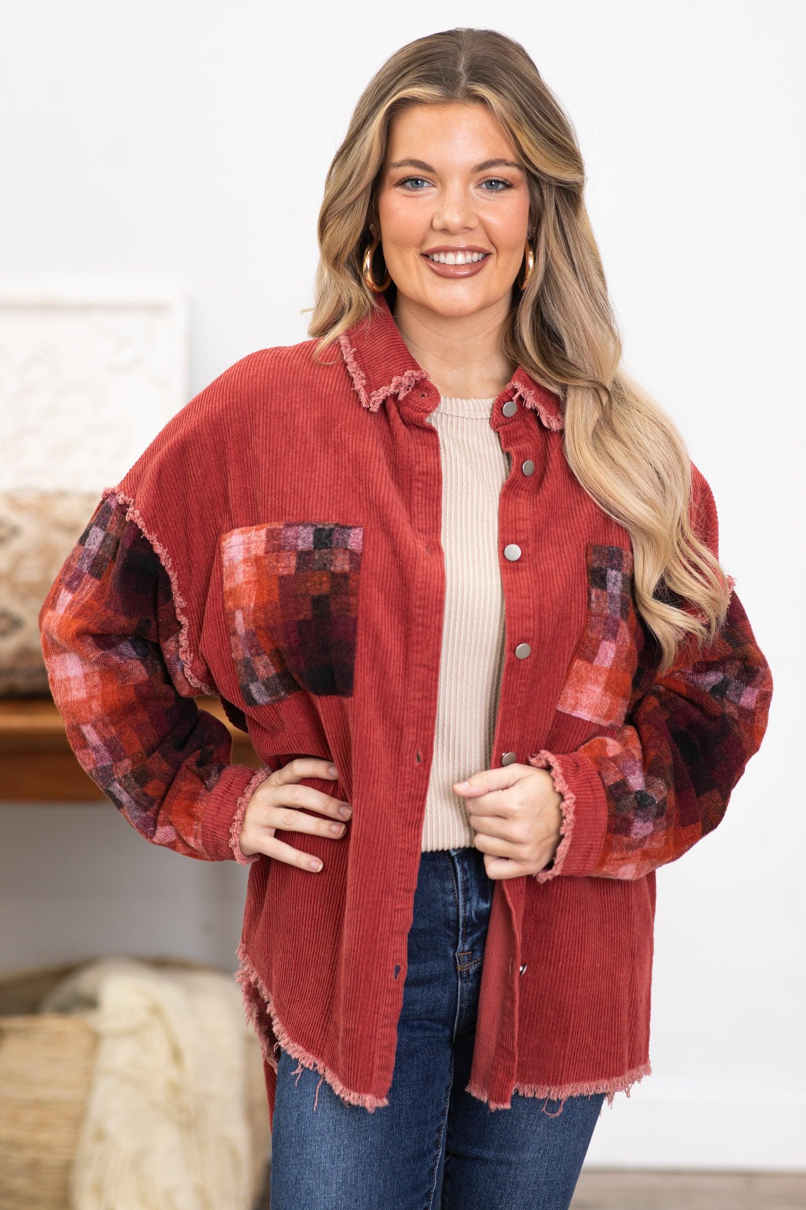 Rust Shacket With Multicolor Geo Print Sleeves Product Image