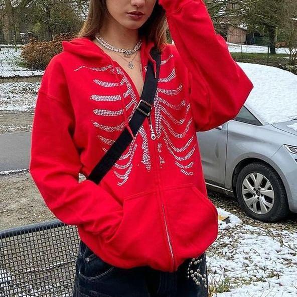 Oversized Rhinestone Ribcage Motif Zip Hoodie Product Image