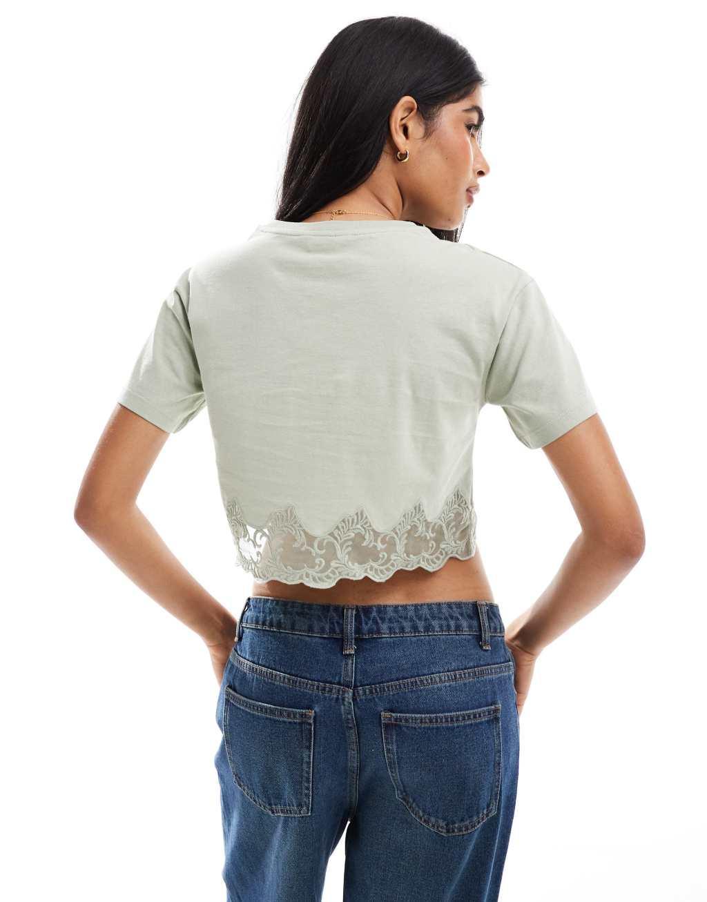 Miss Selfridge boxy short sleeve crop top with lace hem in sage Product Image