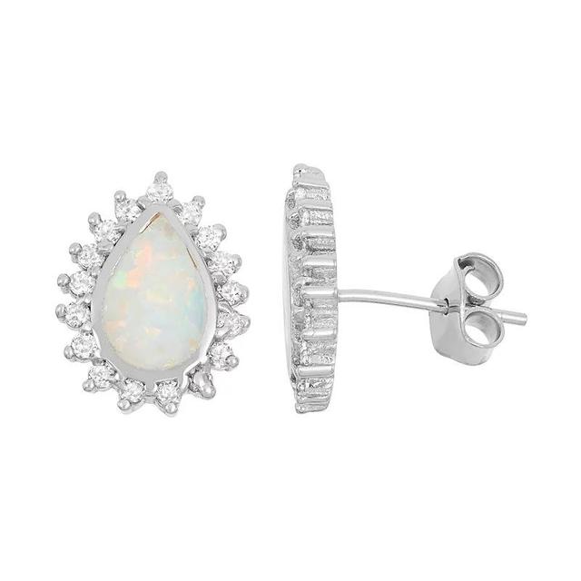 Lab-Created Opal & Cubic Zirconia Sterling Silver Teardrop Halo Stud Earrings, Womens, White Product Image