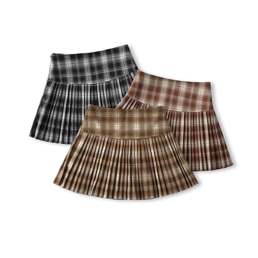 High Waist Plaid Mini Pleated A-Line Skirt Product Image