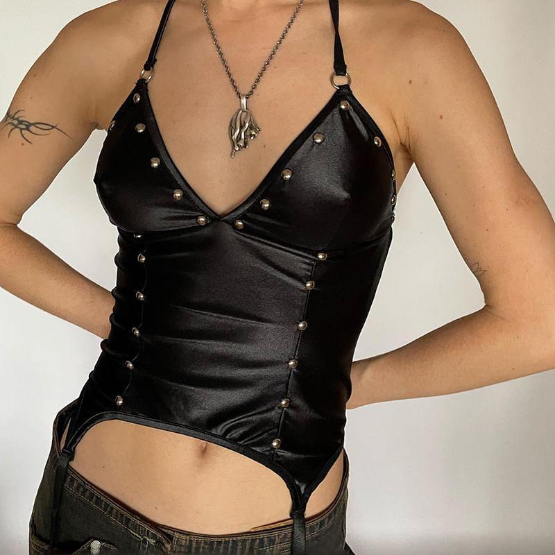 Halter Neck Faux Leather Crop Top Product Image