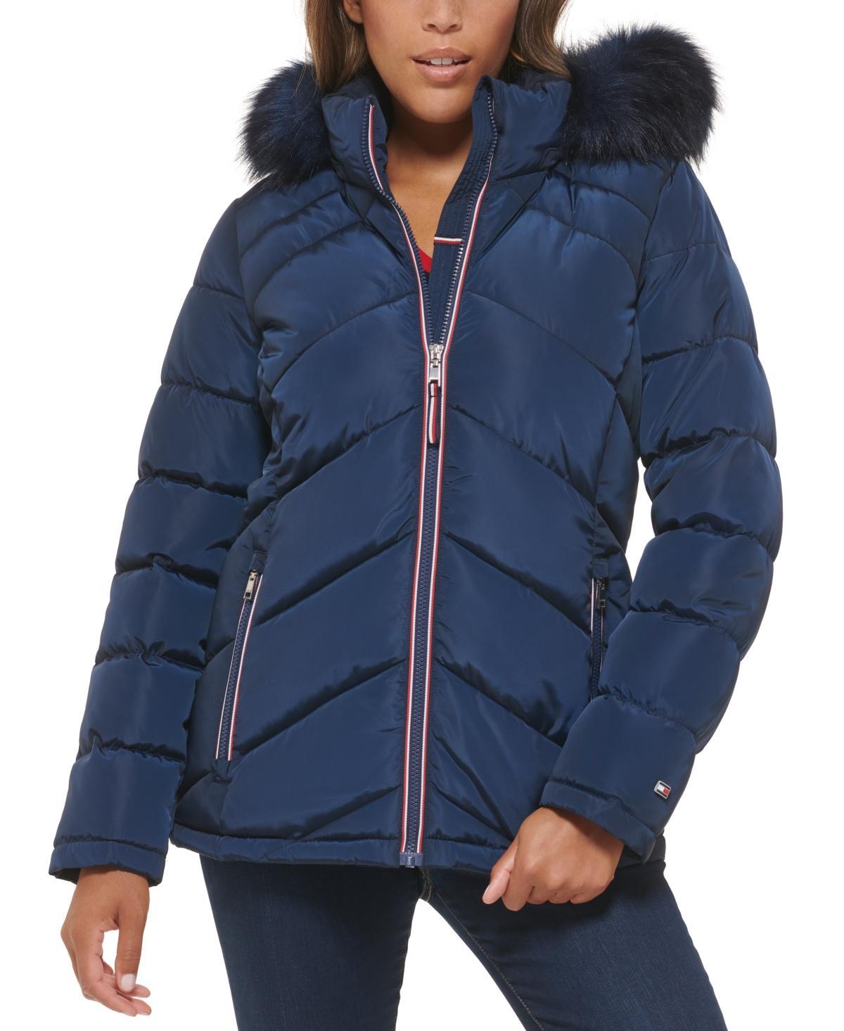 Tommy Hilfiger Womens Faux-Fur-Trim Hooded Puffer Coat Product Image