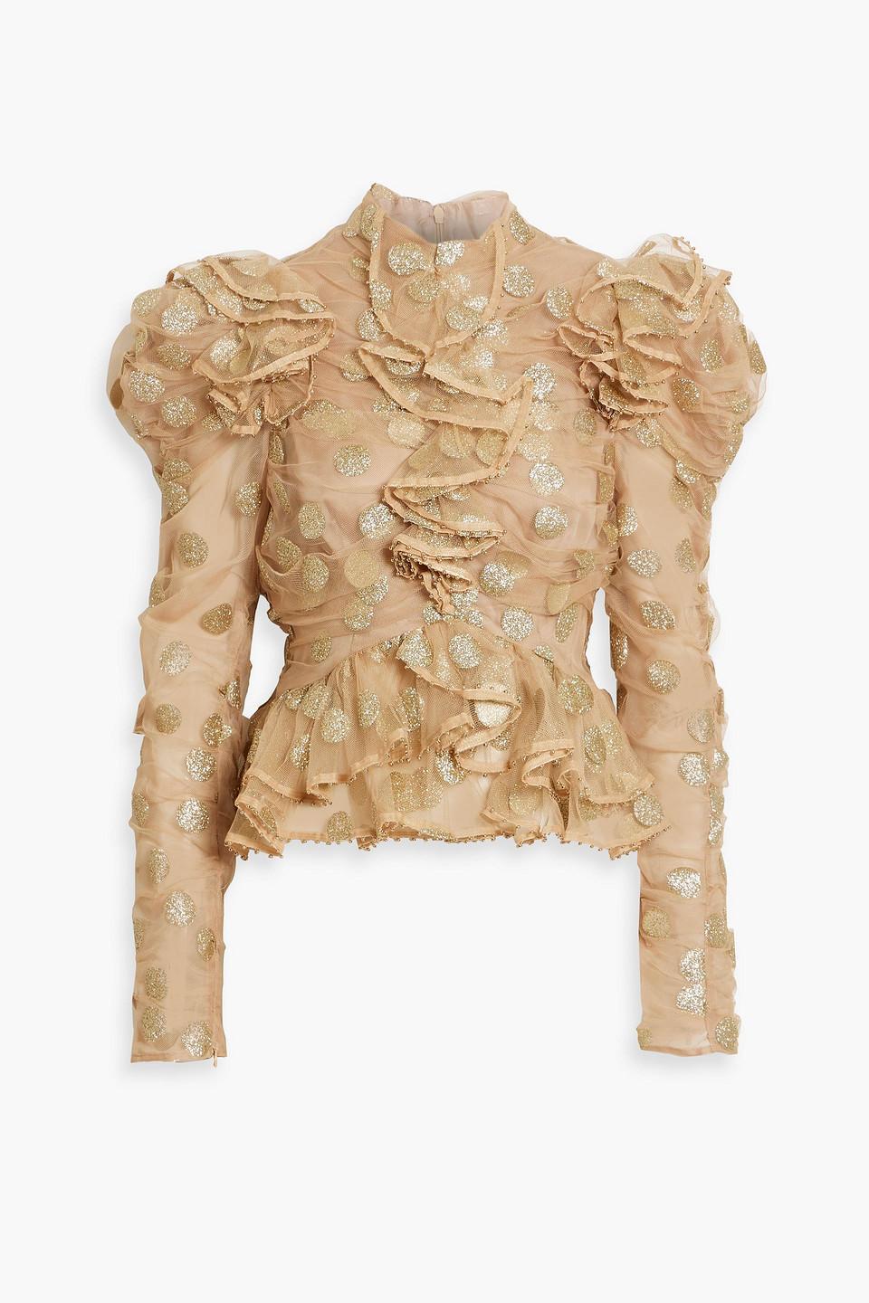 Ruffled Glittered Polka-dot Tulle Blouse In Beige Product Image