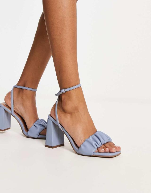 ASOS DESIGN Halo ruched detail mid heeled sandals in blue Product Image