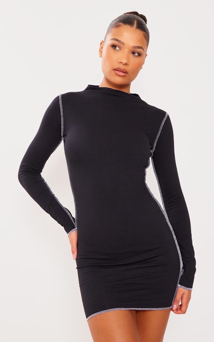 Black Cotton Contrast Seam Long Sleeve Bodycon Dress Product Image